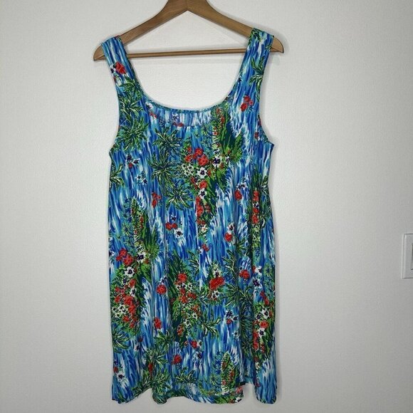 La Blanca Coverup Size L Blue Floral Dress Vintage Hawaiian - Picture 2 of 9